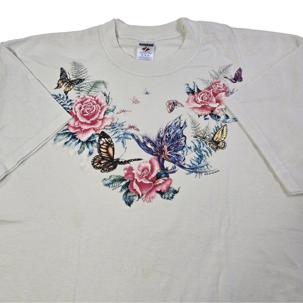 Vintage Nature Shirt‎ Womens XL Extra Large White Butterflies Floral Grandma